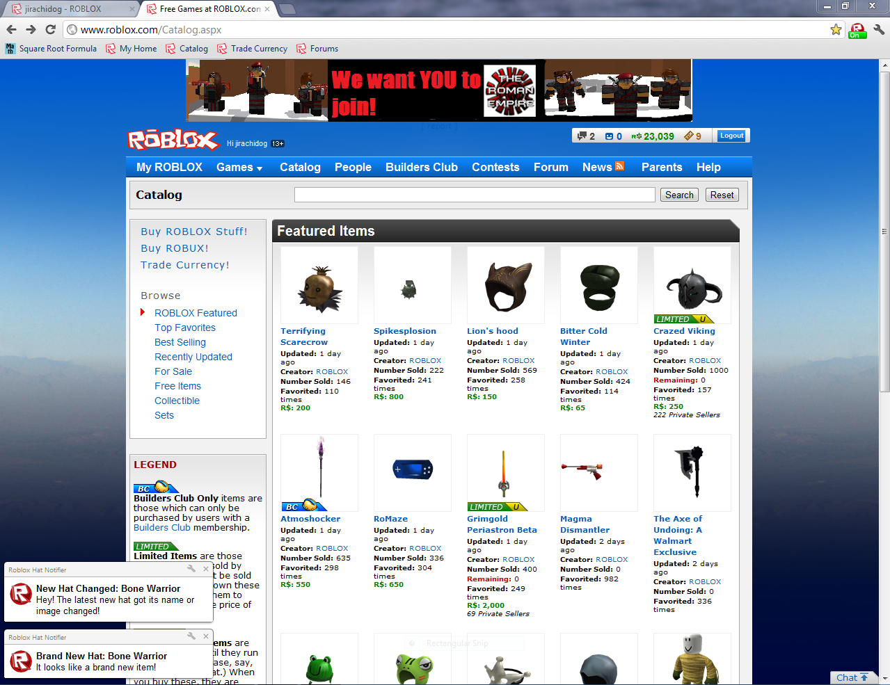 Roblox News Google Chrome Roblox Hat Notifier - as you can see at the bottom left corner there are notifications explaining the results of the new hat at the top right it shows that roblox is on
