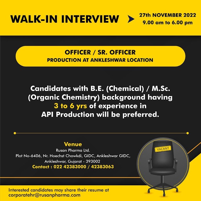Rusan Pharma | Walk-in interview at Ankleshwar for Production on 27th November 2022