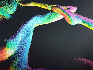 Pointillism colorful Painting on Paper of woman doing yoga being lit from underneath by yoga mat in rainbow of colors creating a modern colorful chiaroscuro effect.