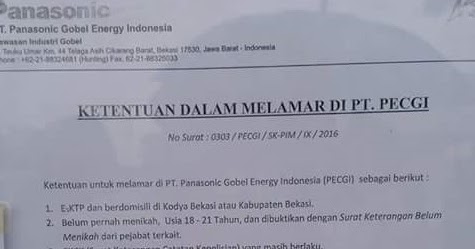 Lowongan Kerja PT. Panasonic Gobel Energy Indonesia