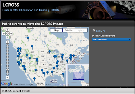 Mapa de sitios públicos Impacto de la Sonda LCROSS contra la Luna
