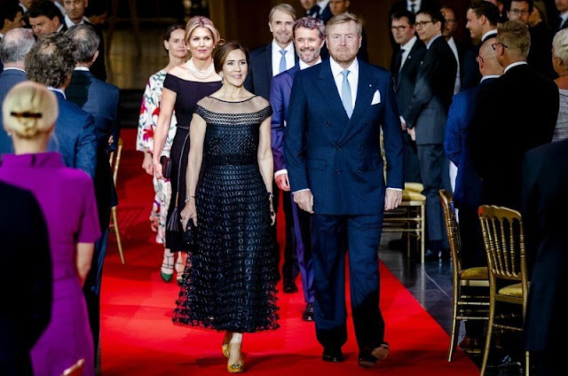 Crown Prince Frederik and Crown Princess Mary, King Willem-Alexander and Queen Maxima at a dinner. Temperley London gown