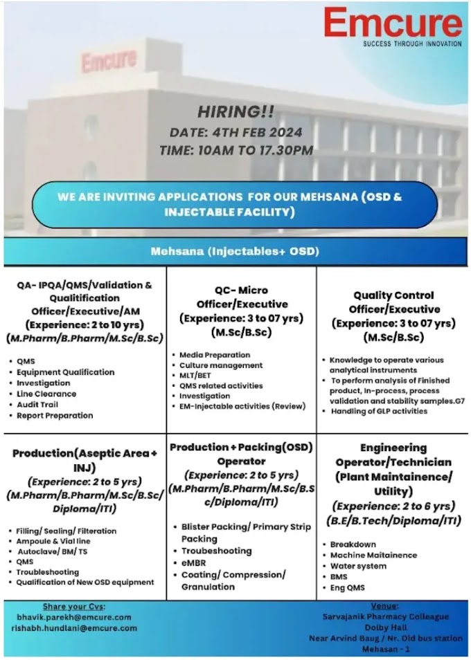 Walk In drive for Production / Packing / QC / QA / QC-Microbiology / Engineering roles based out of Mahesana  on 4th Feb, 2024 