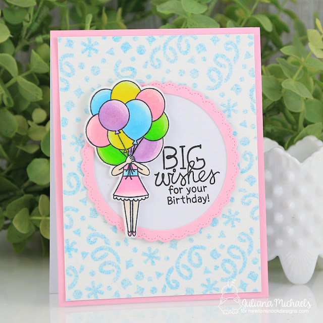 Birthday Card with Glitter Stenciled Background by Juliana Michaels featuring Newton's Nook Designs Holding Happiness Stamp Set and Confetti Stencil