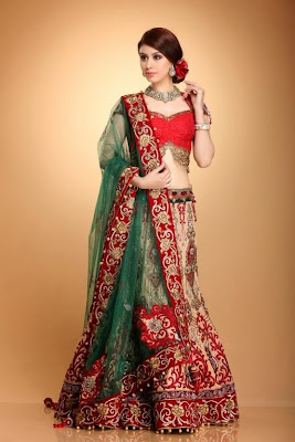 BEIGE & RED LEHENGA WITH GREEN DUPATTA 