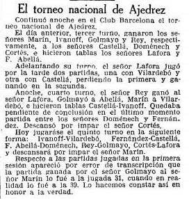 Recorte de La Vanguardia sobre el Torneo Nacional de Ajedrez Barcelona 1926, 28/9/1926