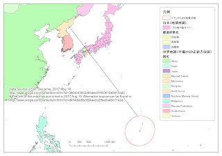 図１　島根・広島・高知三県上空を通り、愛媛県を通らない、ほぼ一直線の航路の例（全体）