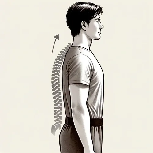 Person demonstrating correct standing posture with straight back, shoulders pulled back, chest out, and head aligned above shoulders, emphasizing spinal alignment and balance.