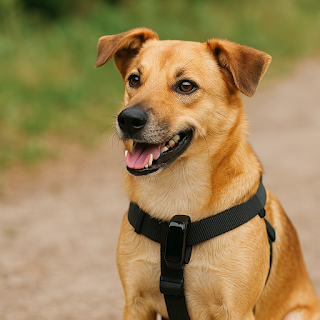 Smiling golden-brown mixed-breed dog wearing a black harness with a DIY fitness tracker outdoors, illustrating budget pet activity tracking.