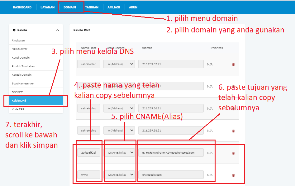 setting DNS di penyedia layanan domain