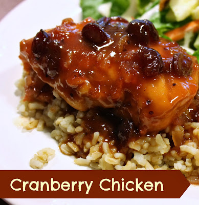 Cranberry Chicken is made from cranberry sauce, catalina dressing and onion soup mix.  