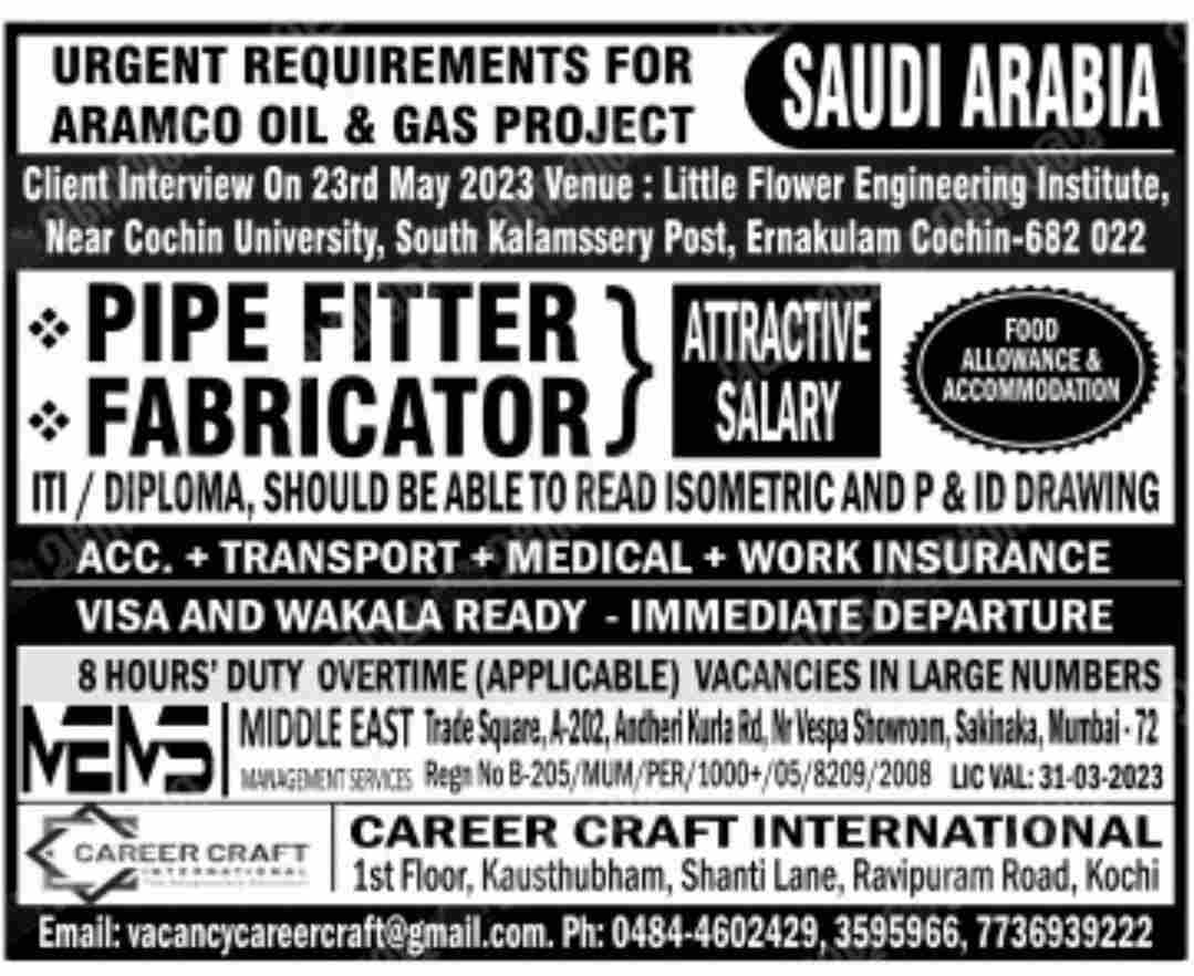 Pipe fitter and fabricator job in Saudi Arabia.