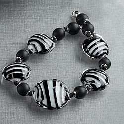 Murano Glass Black & White Striped Bead Bracelet