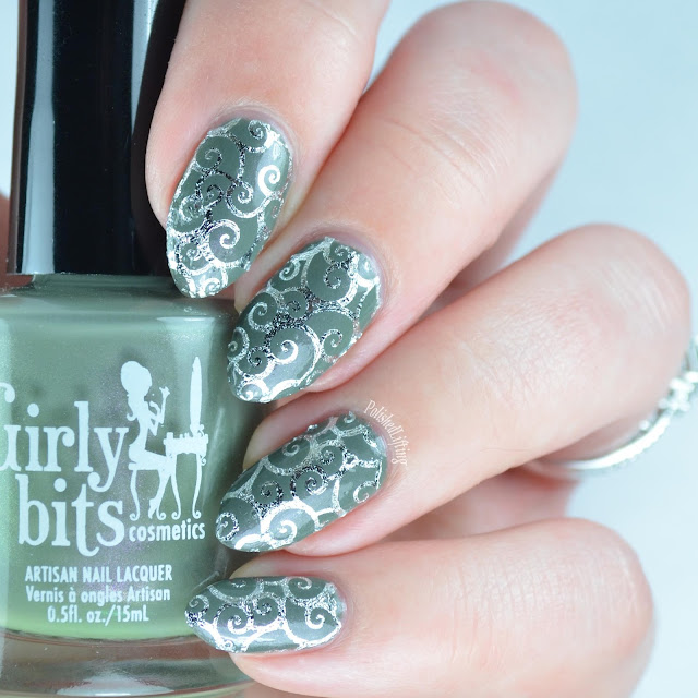 army green nail polish with silver water slide decals