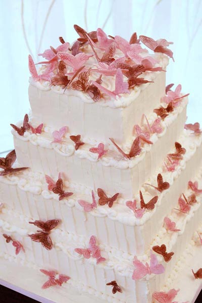 Small Wedding Cakes on Square White Wedding Cake Decorated With Small Pink Butterflies