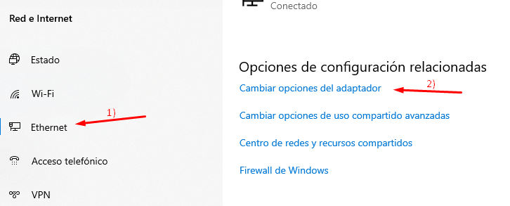 Ethernet cambiar opciones del adaptador