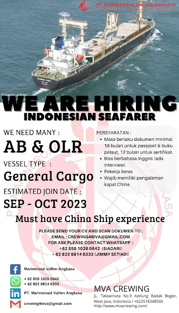 Loker Indonesian Seafarer Reefer Cargo & General Cargo Sept 2023