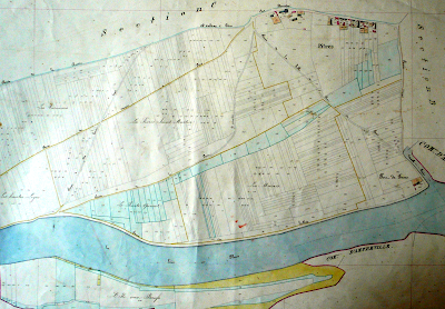 Pîtres - sud de la rue Dumontier, avec la Seine, la port de Poses et l’Andelle avant qu’on en modifie le cours.