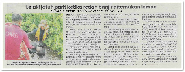 Terpaksa tahan lapar lebih 6 jam ; Penyelamat bunyikan wisel, ada penduduk enggan pindah ; Pintu air punca banjir termenung - JPS ; Lelaki jatuh parit ketika redah banjir ditemukan lemas ; Banjir : 2,500 penduduk terputus hubungan | Keratan akhbar Sinar Harian 10 Januari 2024