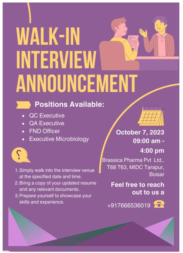 Brassica Pharma | Walk-in interview for QA, QC, Micro & FnD on 7th Oct 2023