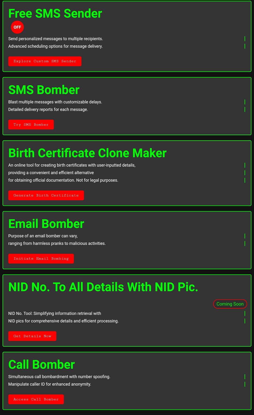 একটি ওয়েবসাইটে সব টুলস একসাথে SMS and Call Bomber,Birth Certificate maker,NID info Check