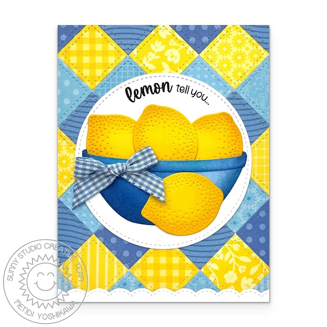 Sunny Studio Lemon Tell You Blue & Yellow Punny Summer Patchwork Card using Fresh Lemon, Build-A-Bowl, & Stitched Square Dies
