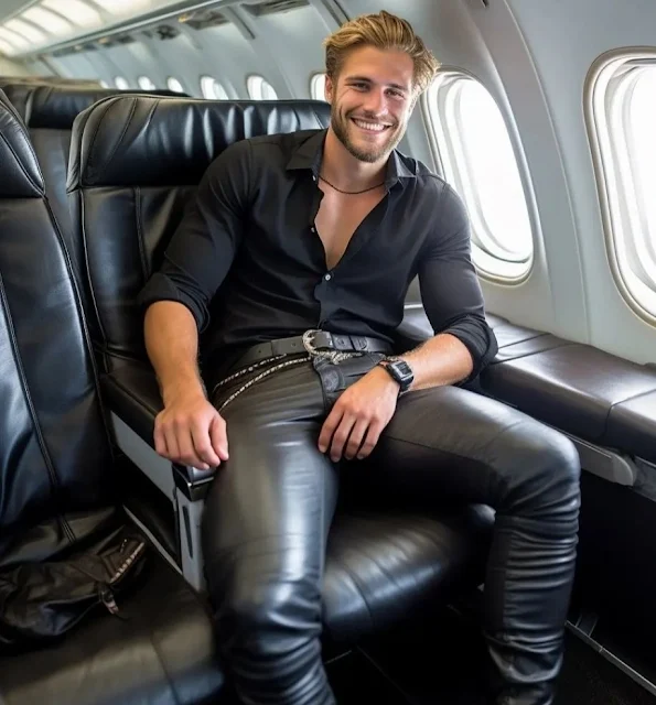 Handsome blonde stud wearing black leather pants and sitting on an airplane with a big smile like he wants to b******* bad cuz he probably does