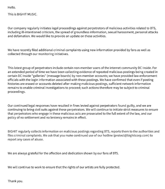 [Weverse] Big Hit Music's Update Notice on Legal Proceedings Against Violation of Artist Rights (Mar. 30)