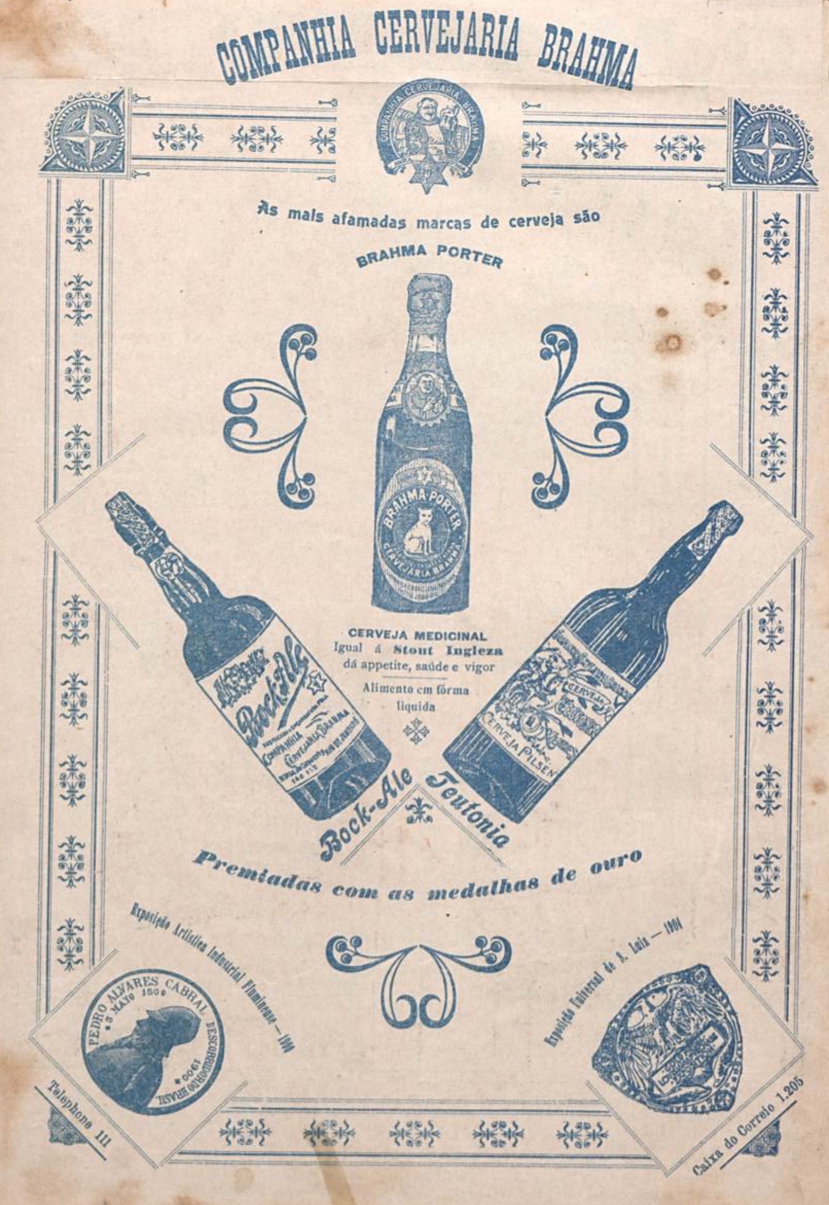 Anúncio da Cervejaria Brahma em 1906 apresentando sua linha de bebidas especiais