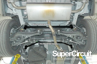 SUPERCIRCUIT Rear Lower Bar and Rear Under Bar installed to the Proton X70 CKD rear undercarriage chassis.