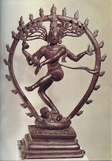 Shiva Nataraja, Lord of the Dance, dancing on the body of a dwarf demon. His victory over the spirit of evil is of cosmic significance, for the destruction of evil presages recreation and the establishment of divine order. The surrounding halo both honours Shiva and represents the cycle of creation, destruction and rebirth. Tenth-century bronze, from Madras. Victoria and Albert. Museum, London. 