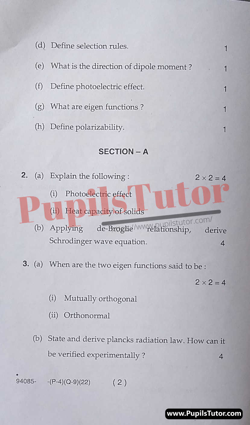 M.D. University B.Sc. [Bio-Tech] Physical Chemistry 5th Semester Important Question Answer And Solution - www.pupilstutor.com (Paper Page Number 2)