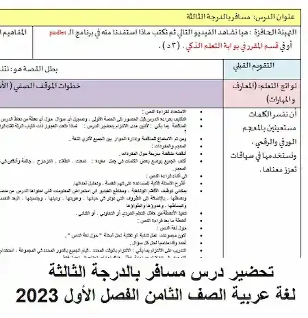 تحضير درس مسافر بالدرجة الثالثة مادة اللغة العربية الصف الثامن الفصل الأول 2023