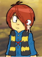 Shows animation style of boy with blue shirt and has yellow and black scarf and has brown hair and yellow background.png