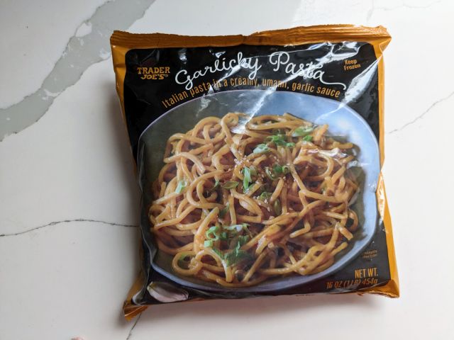 A bag of Trader Joe's Garlicky Pasta.