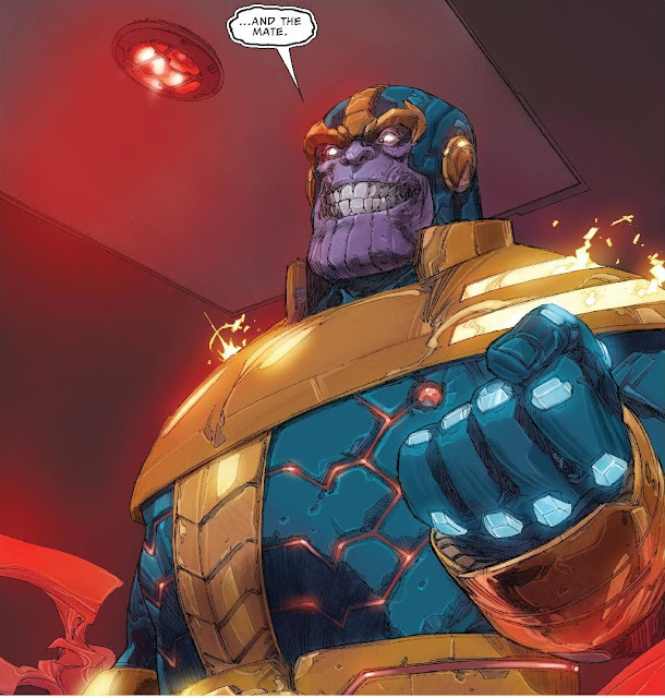 Thanos viewed from below, clenching his fist and saying "And the mate"