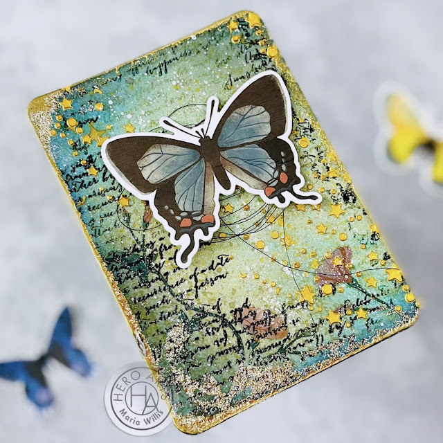 Cardbomb, Maria Willis,Hero Arts,My Monthly Hero  February 2023, MMH, mixed media, butterflies, art, color, sprays, DIY, handmade,Hero Wax, stamps, stencils, rub-ons, die cutting