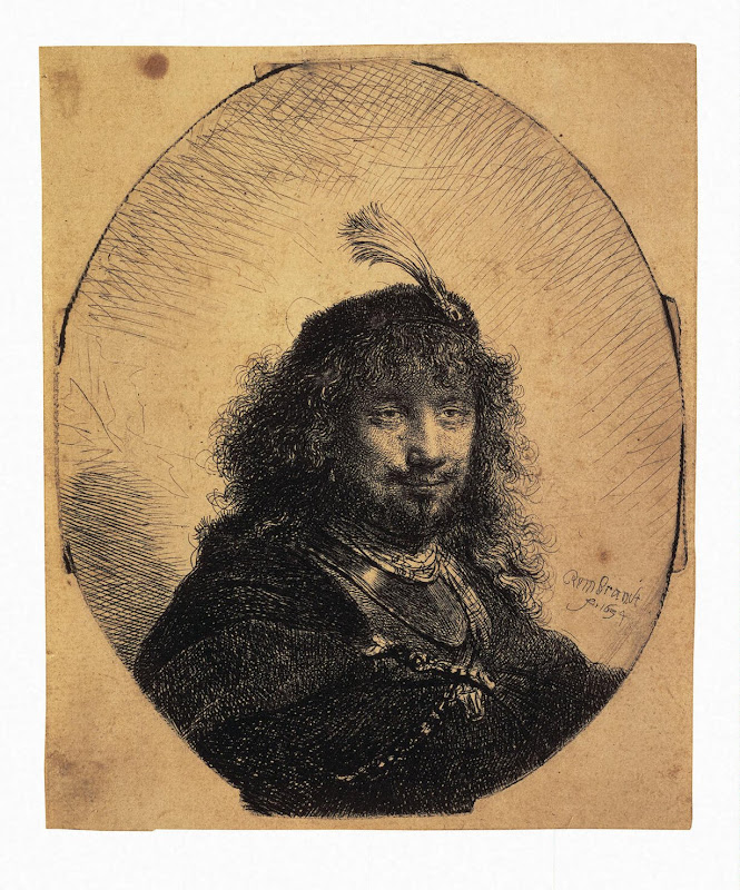 Self-Portrait in a Cap with a Plume and a Sabre by Rembrandt Harmenszoon van Rijn - Portrait Art Prints from Hermitage Museum