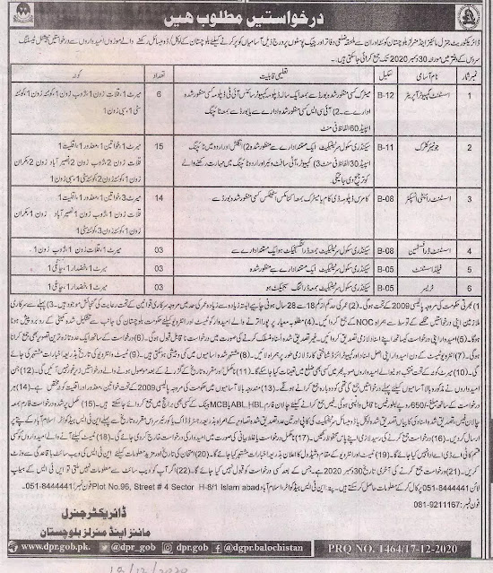 Directorate General Mines And Minerals Baluchistan Jobs 2020