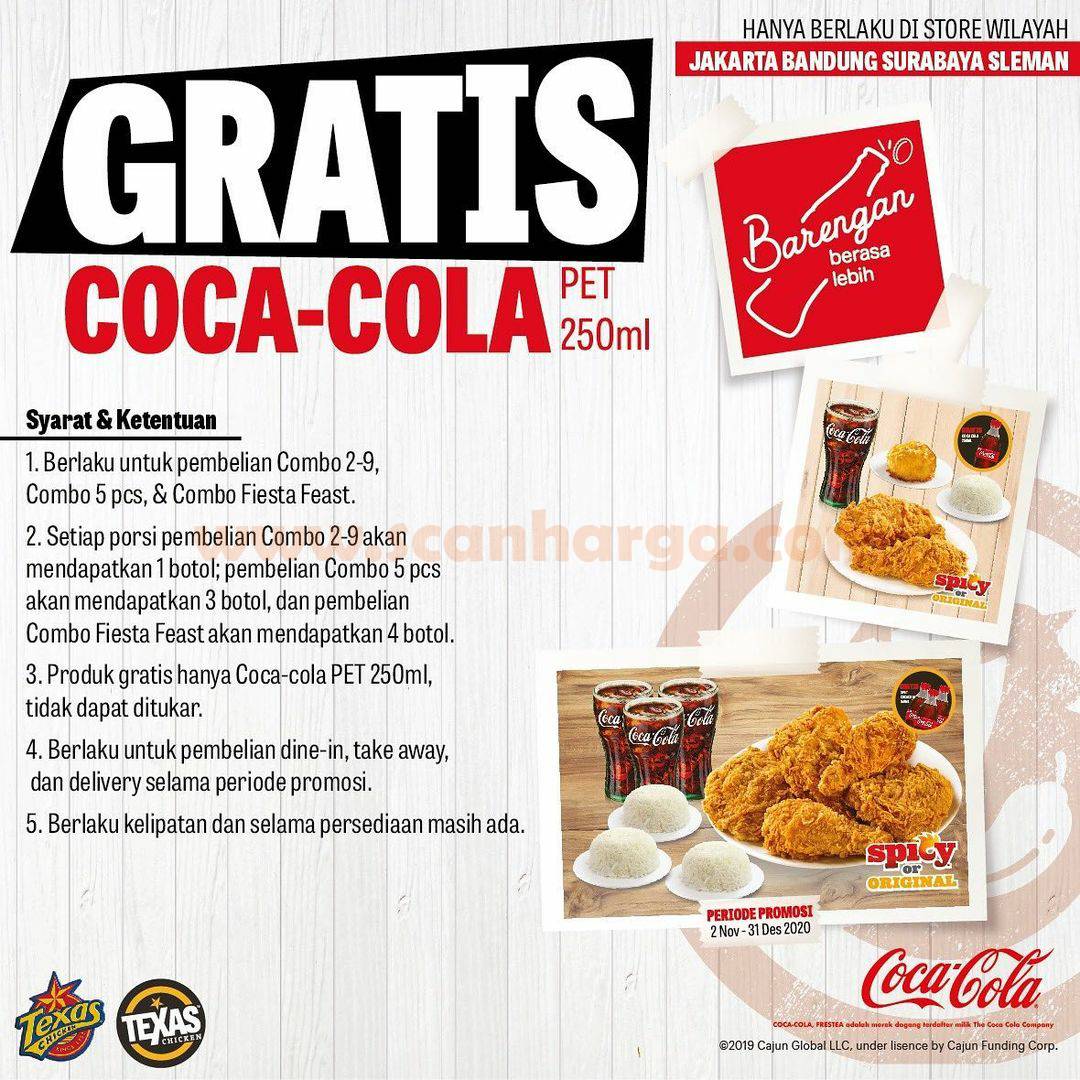 Texas Chicken Promo Gratis Coca Cola pet 250ml setiap pembelian menu Combo