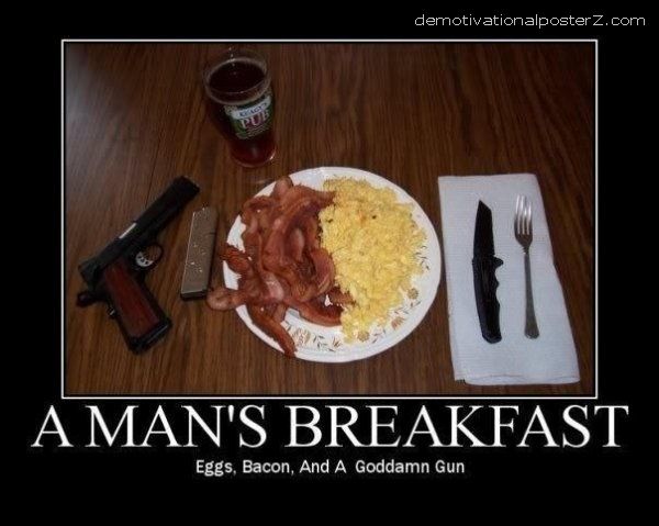 A man's breakfast eggs bacon and a gun