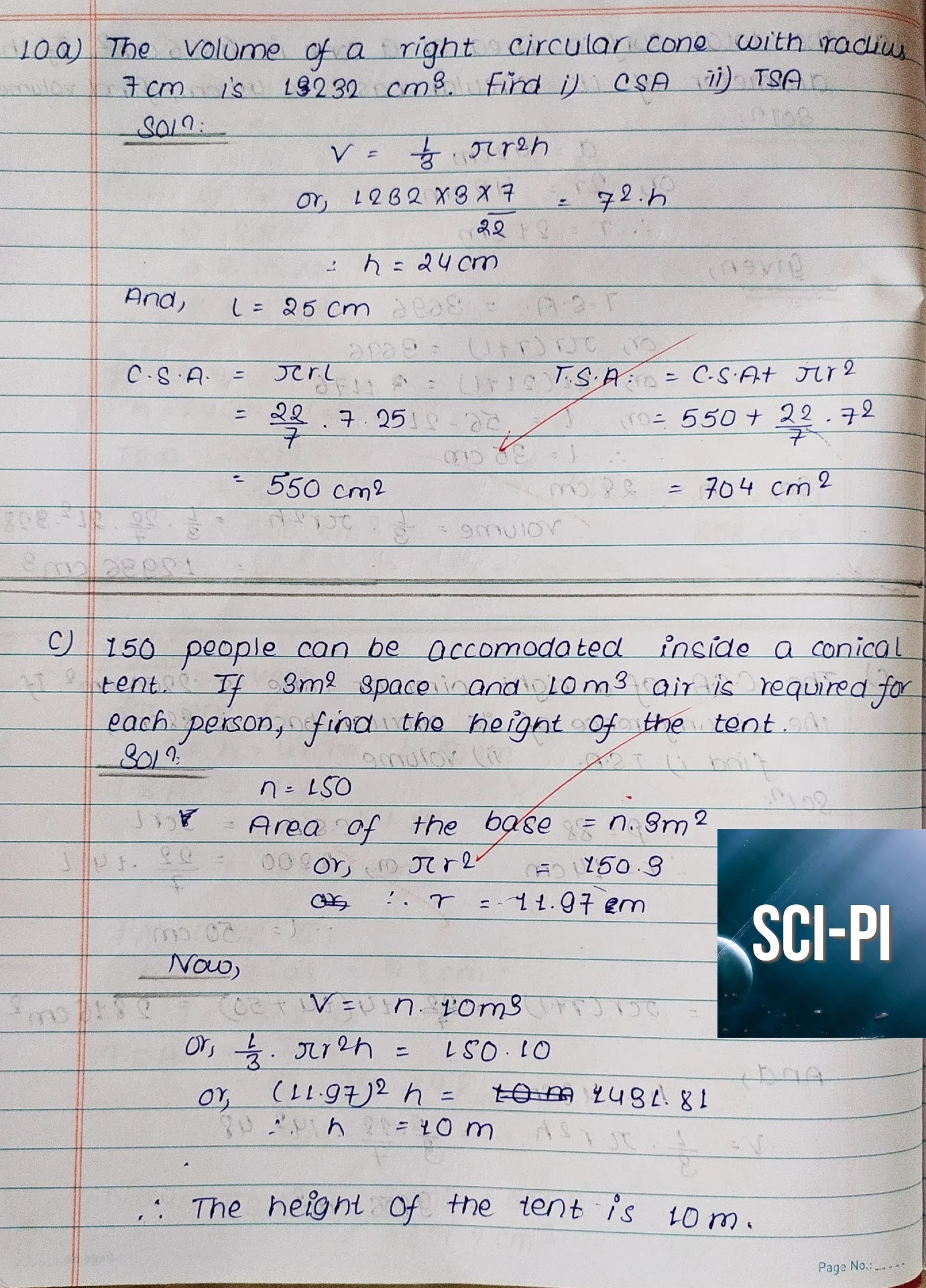 Exercise 7.3 Surface Area and Volume of Cone Class 10 Solutions | vedanta Excel in Mathematics