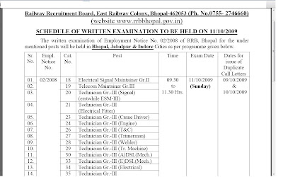 RRB bhopal schedule