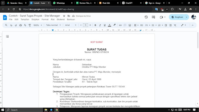 surat tugas site manager format word