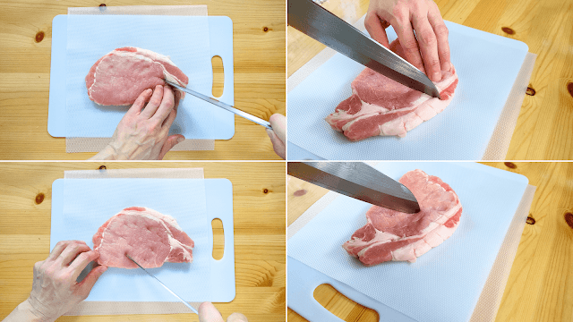 豚肉の筋に包丁で数ヶ所切れ込みを入れ、さらに全体にも包丁を突き、これを両面行います。 豚肉に切れ込めを入れることで、焼く時に肉が縮むのを防ぐことができ、肉質がかたくなりにくくしてくれます。