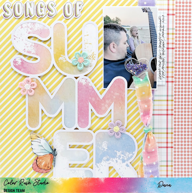 Colorful summer vacation scrapbook layout with oversized cut-out title and fabric flowers created with the Color Rush Studio May Be the Rainbow Kit.