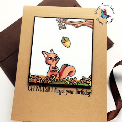 Soory, I am late card, Late birthday wishes card, Crafty Meraki Nutty friends stamp set, CAS Squirrel card,AAA,AAA Cards,Crafty Meraki,CAS card, Belated wishes card.,Copic coloring, Quillish