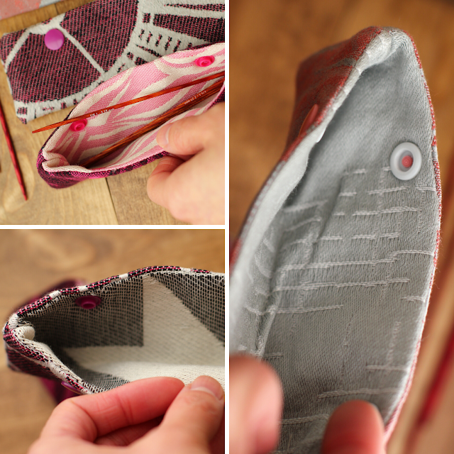 Three image collage showing the inside fabric of the three holders. Top left has cotton candy pink and ecru waves. Bottom left has grey and white largescale houndstooth. Right has silver with ecru lines.