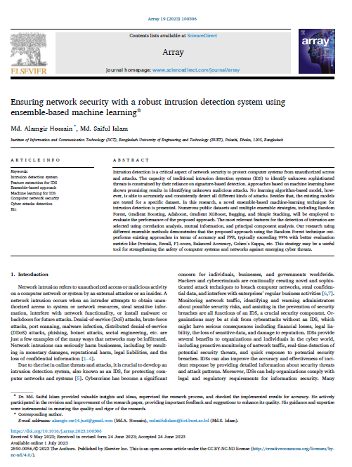 Ensuring network security with a robust intrusion detection system using ensemble-based machine learning