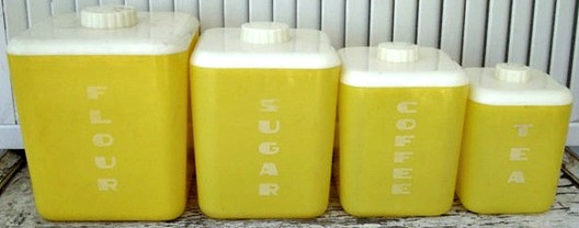 1950s plastic kitchen canisters Lustroware yellow Just Peachy, Darling